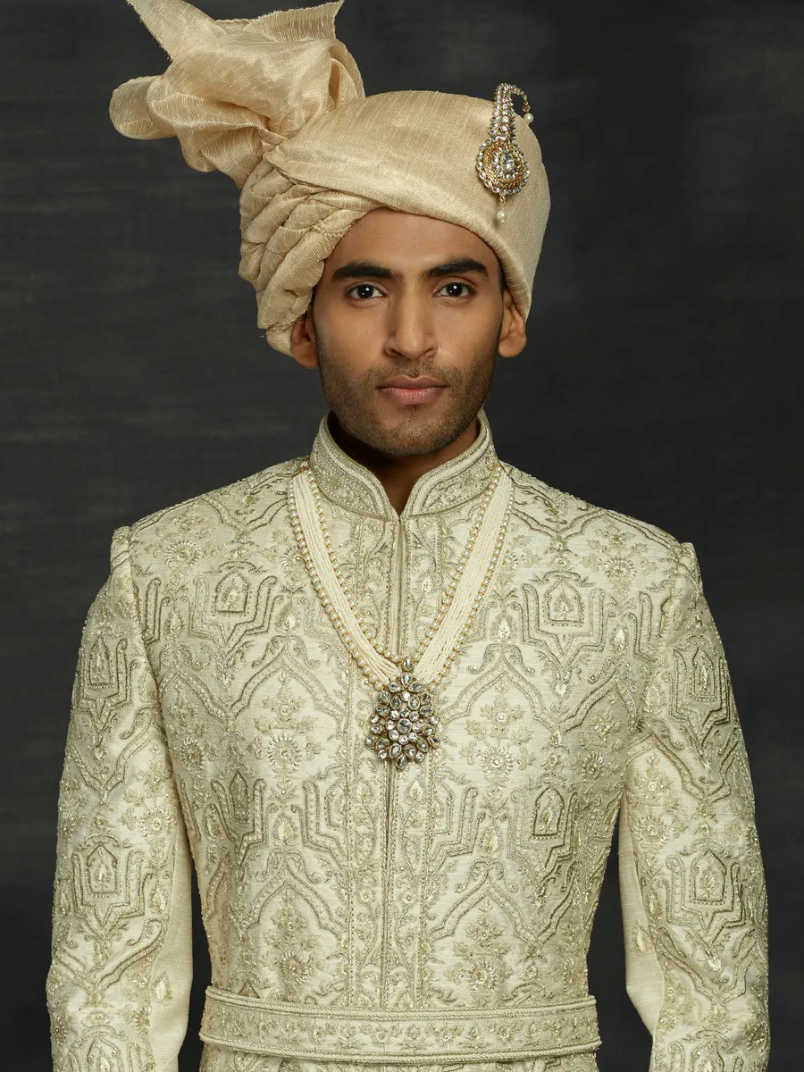 Traditional cream silk double layer sherwani for wedding