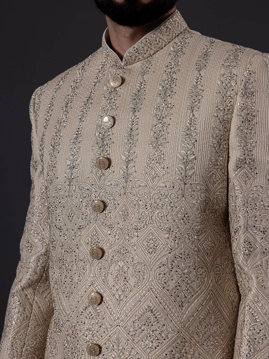 Traditional glimmerish beige silk sherwani for groom