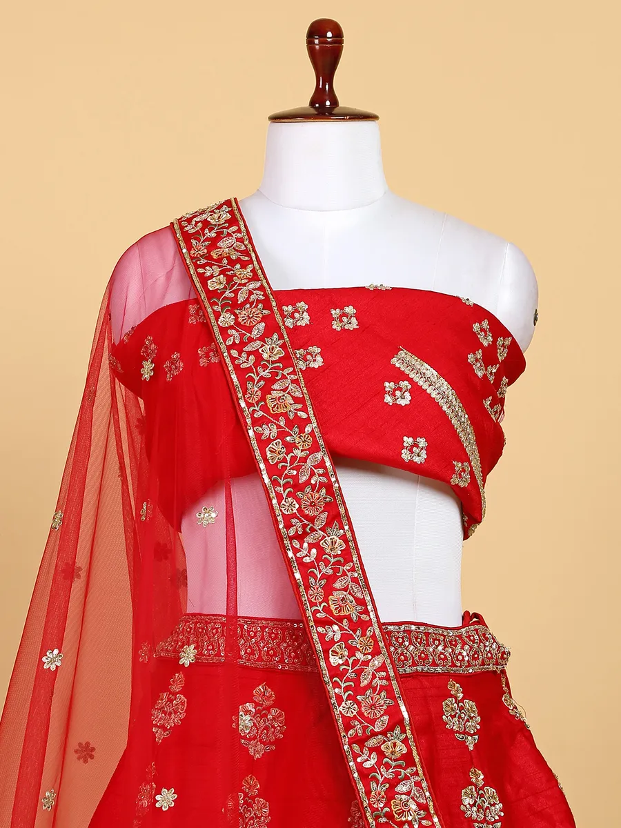 Traditional red unstitched raw silk lehenga choli