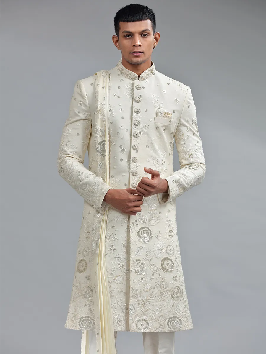Traditional white silk floral embroidery sherwani