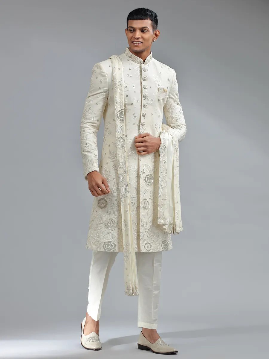 Traditional white silk floral embroidery sherwani