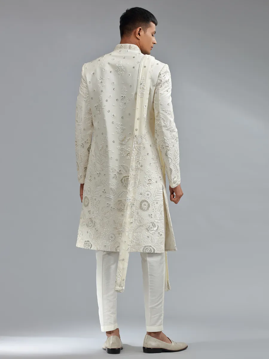 Traditional white silk floral embroidery sherwani