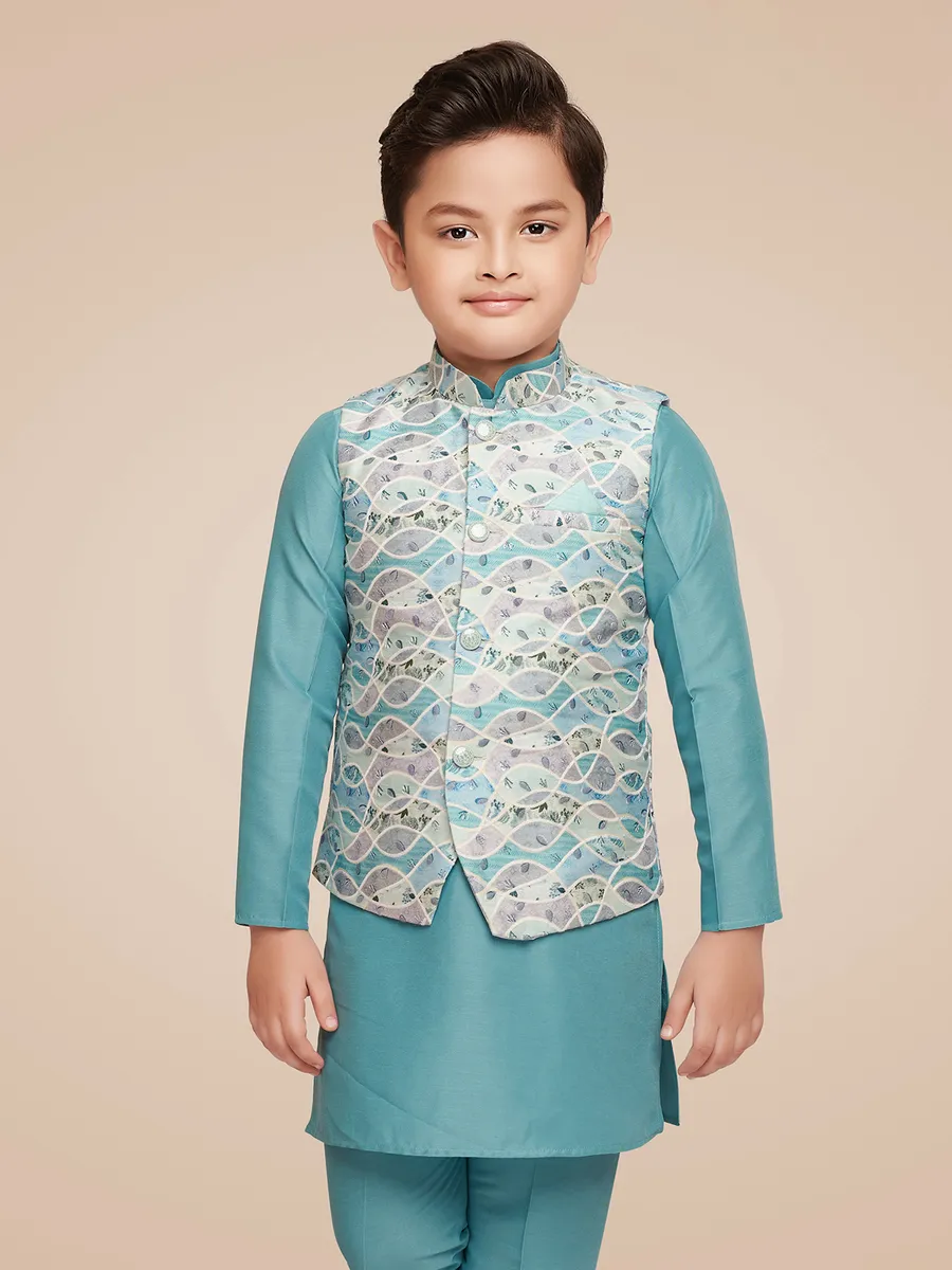 Trendy aqua silk printed waistcoat set