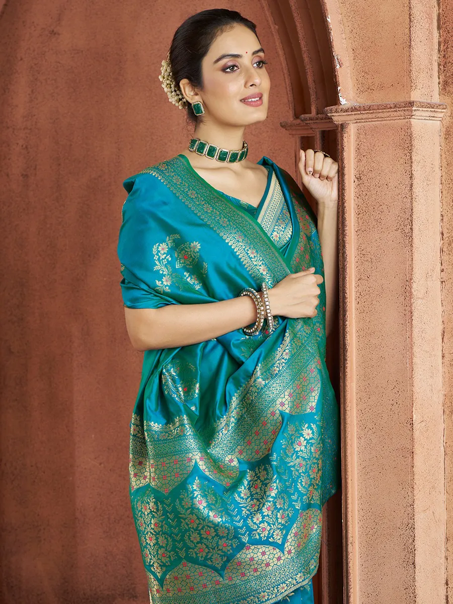 Trendy aqua silk saree for wedding