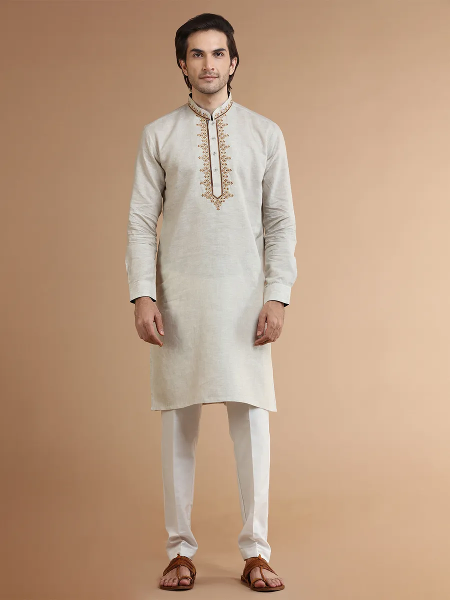 Trendy beige linen  Men Kurta pajama