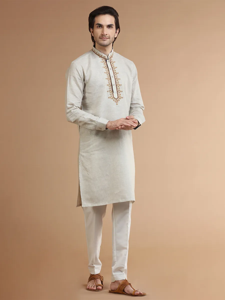 Trendy beige linen  Men Kurta pajama