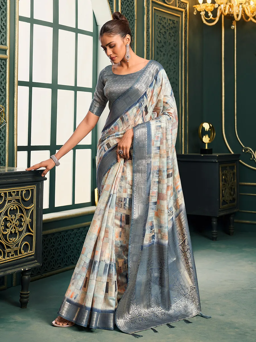 Trendy beige cotton printed saree