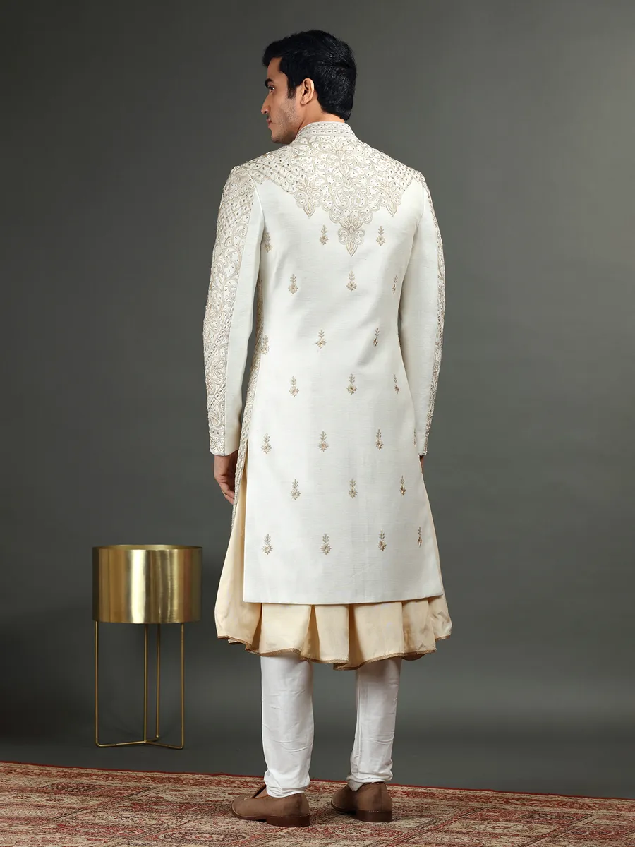 Trendy beige raw silk sherwani for groom