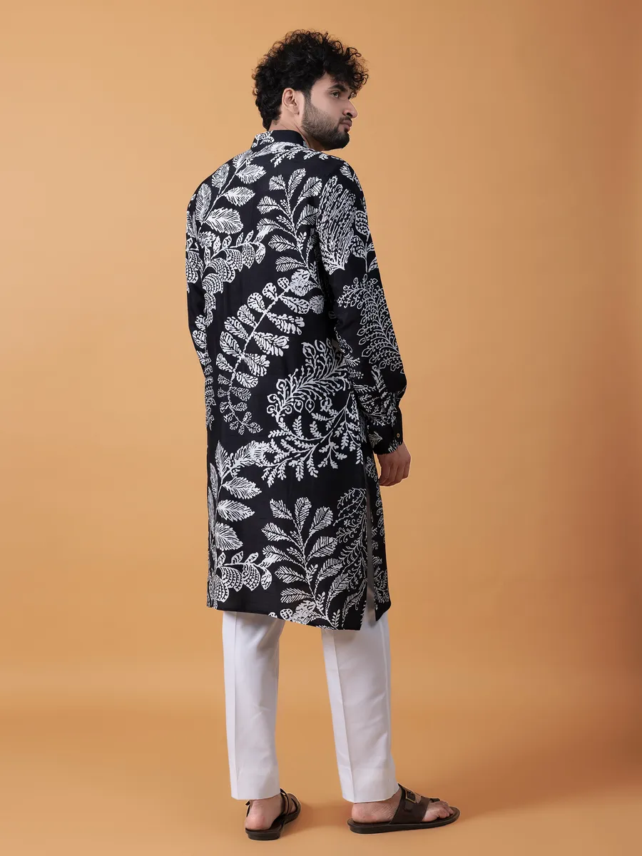 Trendy black printed  Men Kurta pajama in cotton