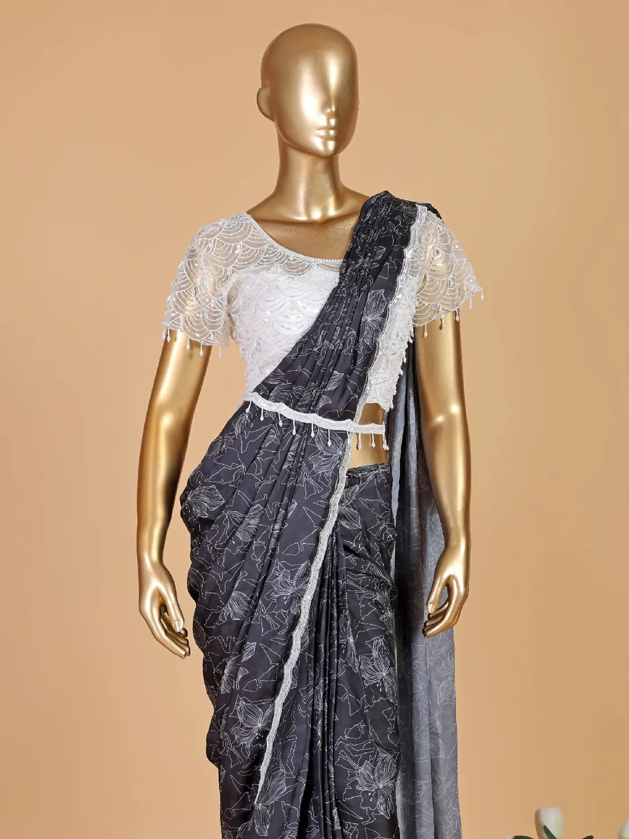 Trendy black silk pre stitched saree