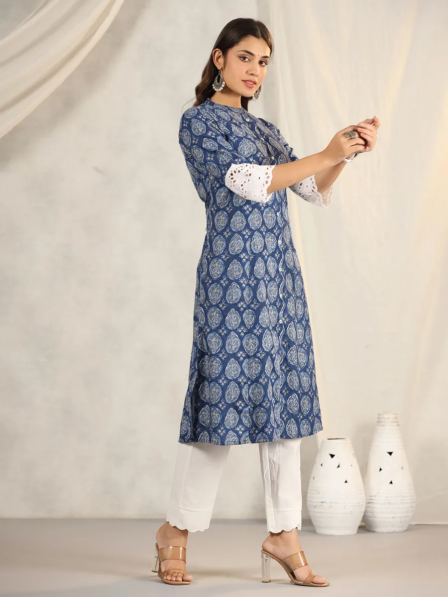 Trendy blue printed kurti in cotton