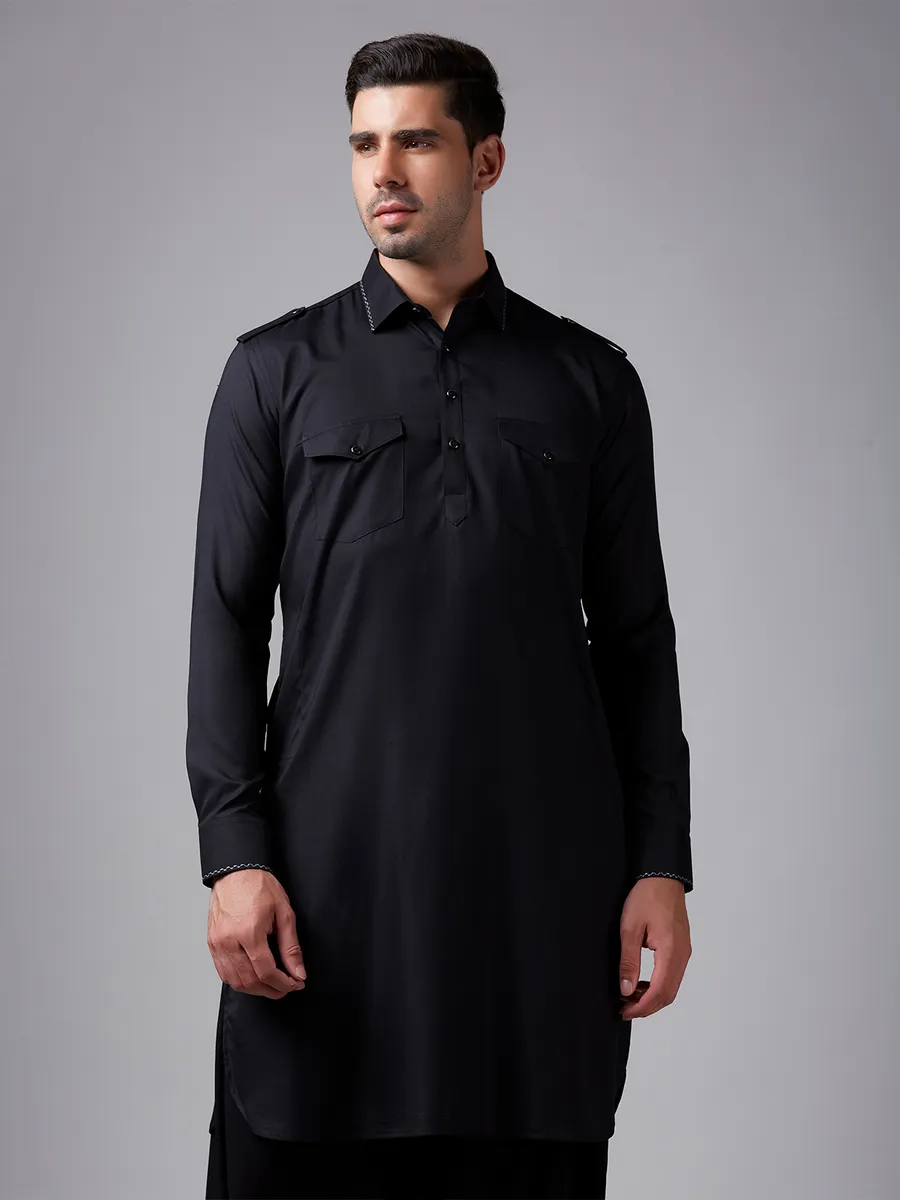 Trendy classy black plain pathani suit