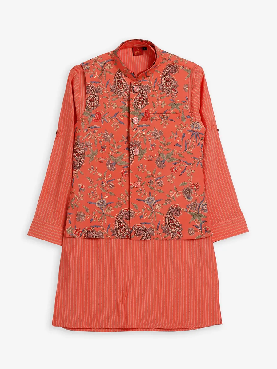 Trendy cotton silk orange printed waistcoat set