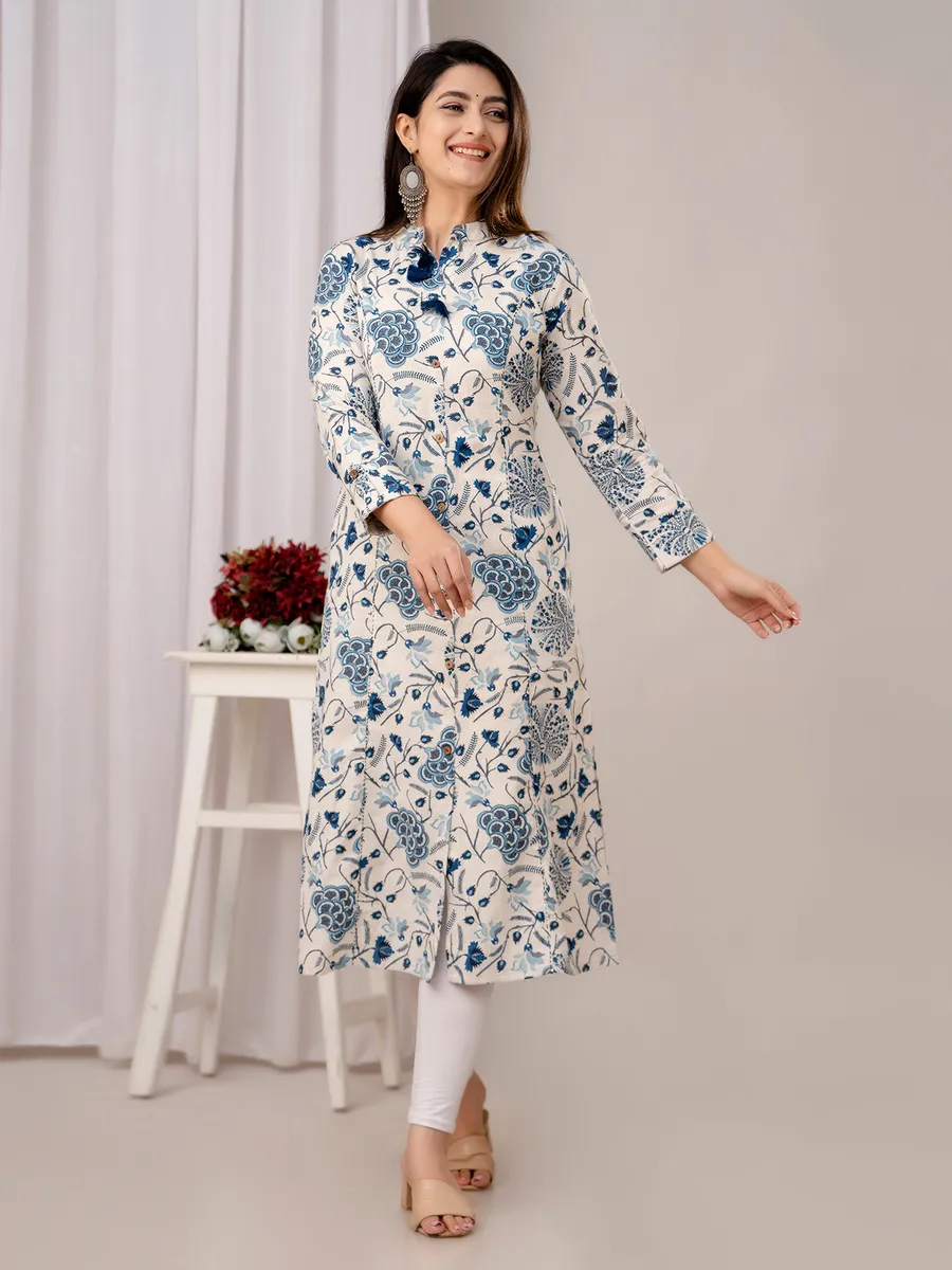 Trendy cream and blue kurti cotton printed kurti