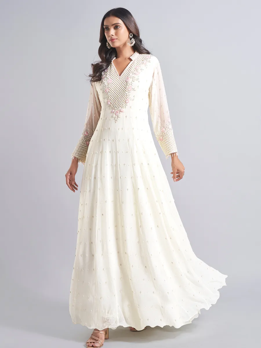 Trendy cream silk anarkali salwar suit
