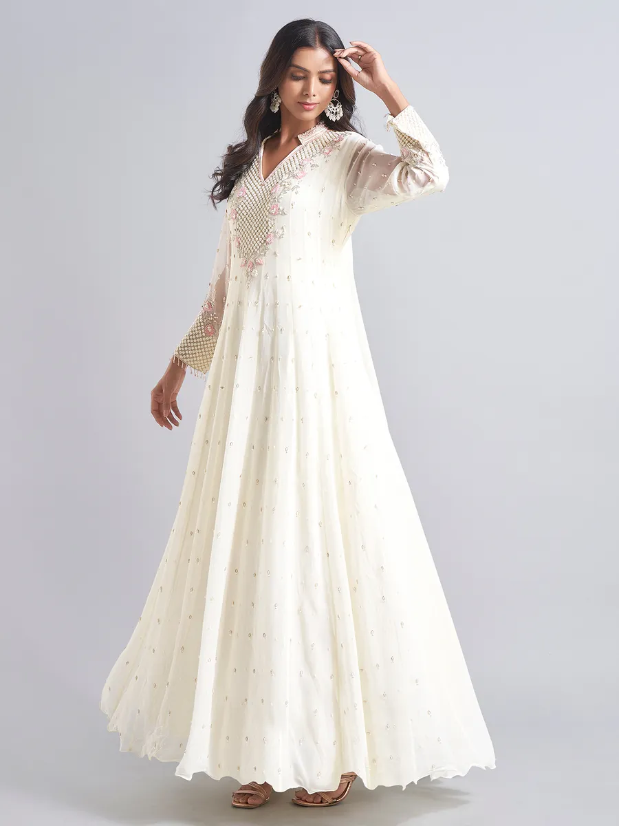 Trendy cream silk anarkali salwar suit