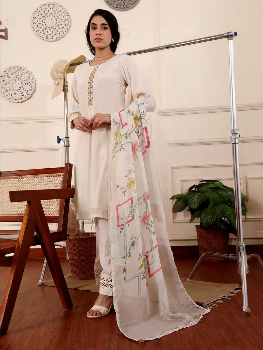 Trendy cream silk salwar suit with printed dupatta