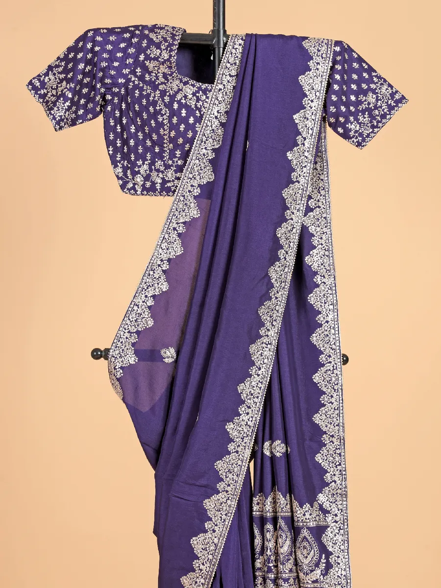 Trendy dark purple silk saree