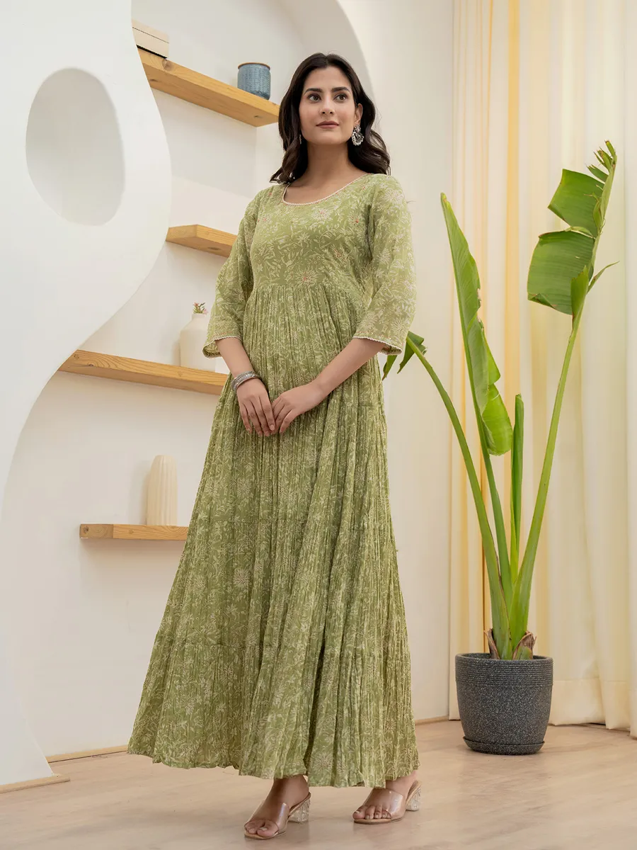 Trendy green printed long kurti in cotton