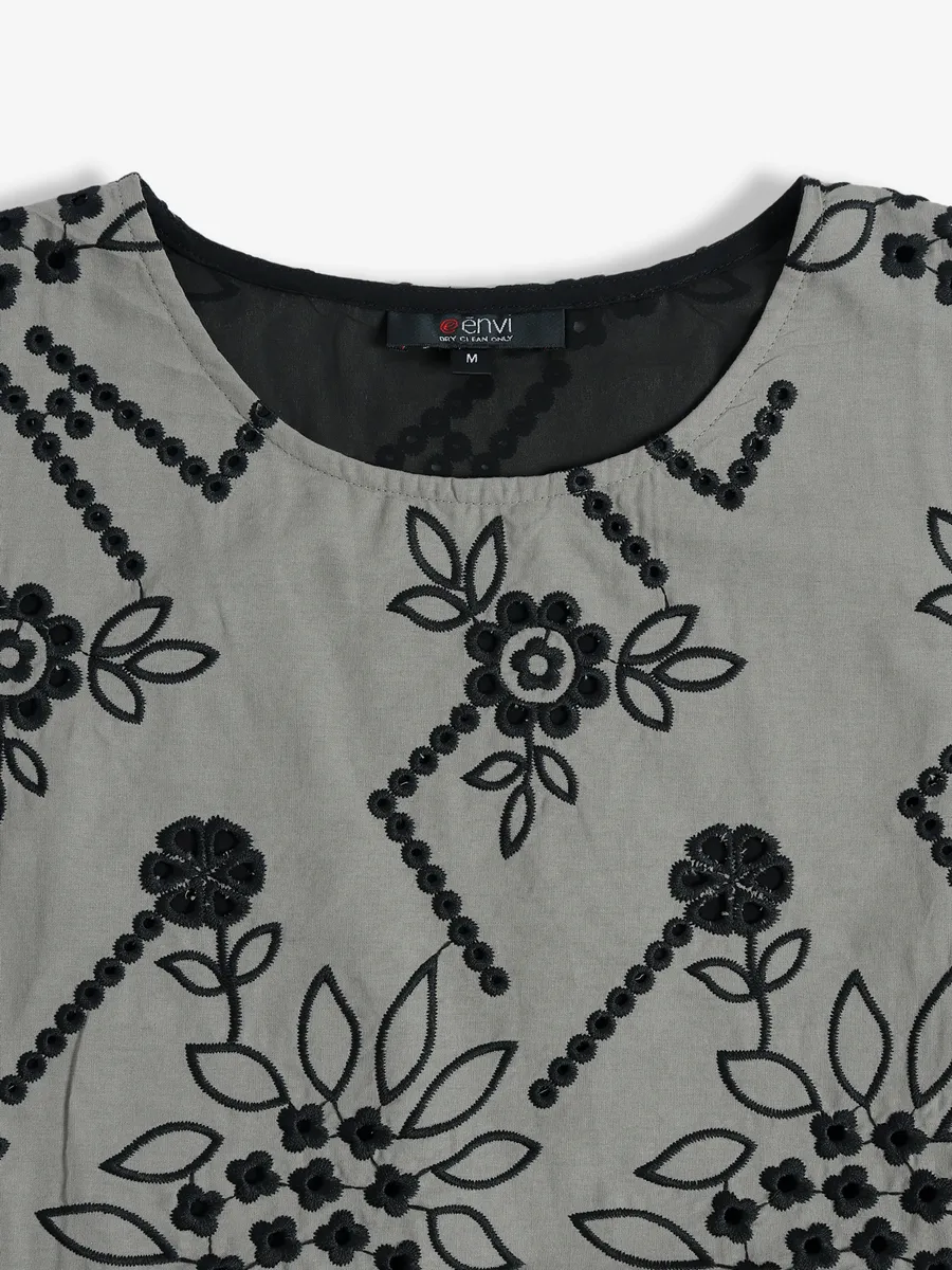 Trendy grey cotton embroidery kurti