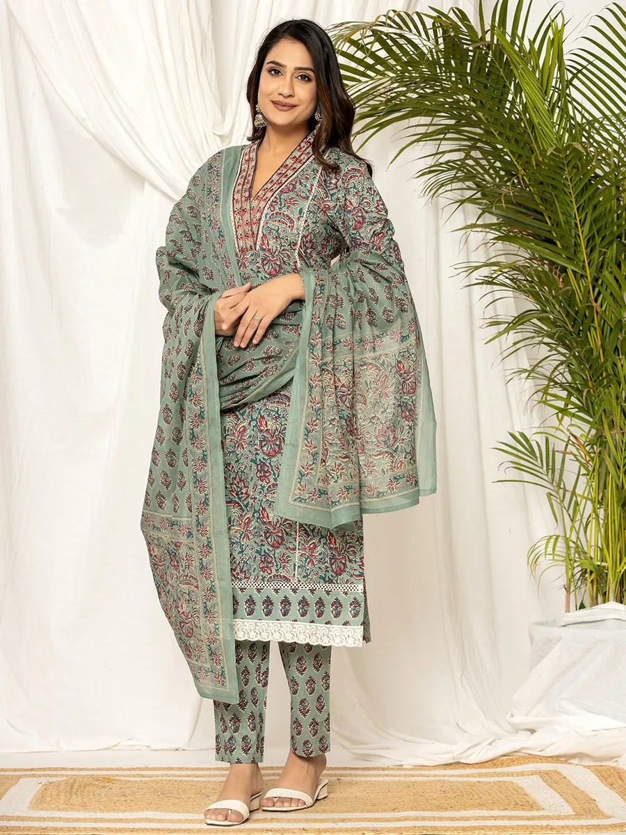 Trendy grey printed cotton kurti set