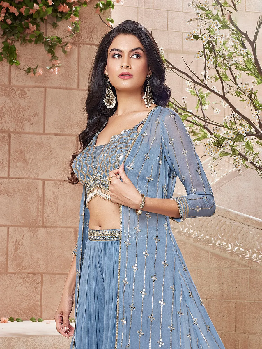 Trendy light blue georgette palazzo suit with shrug