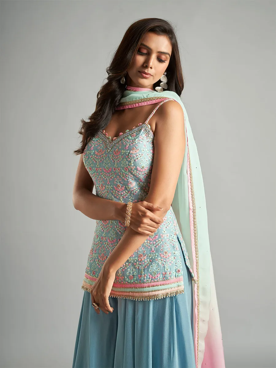 Trendy light blue silk embroidery palazzo suit