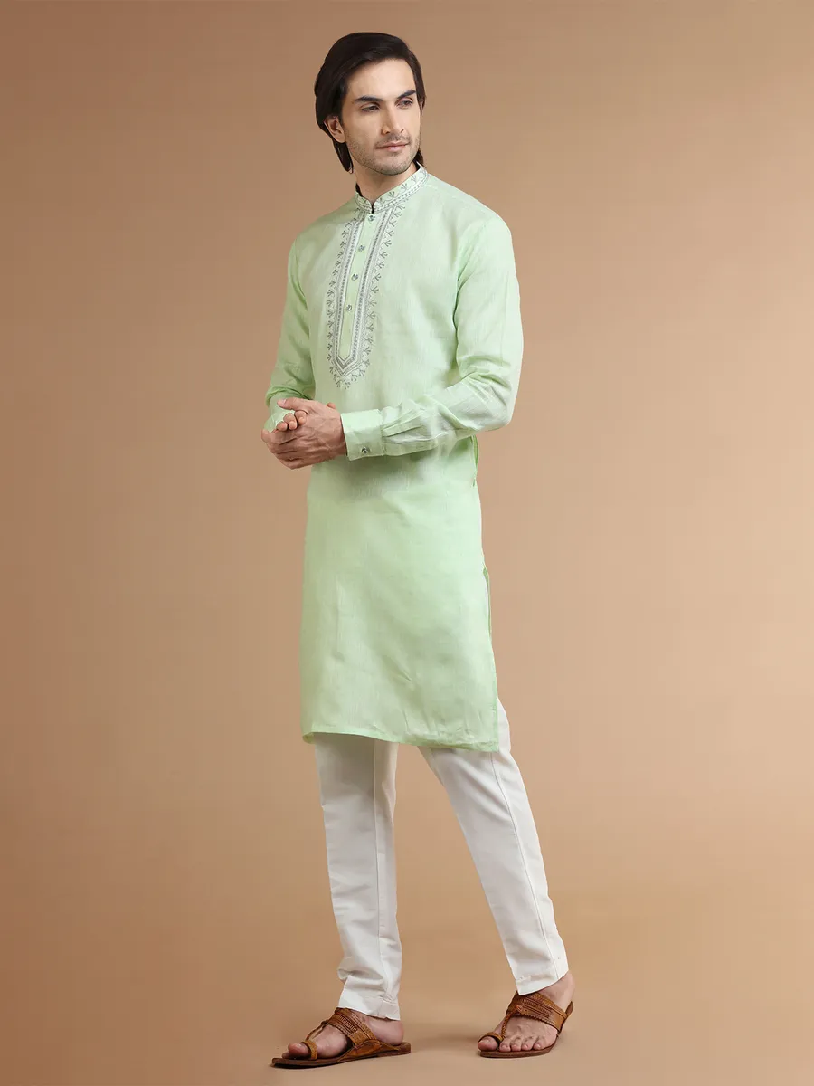 Trendy light green linen  Men Kurta pajama