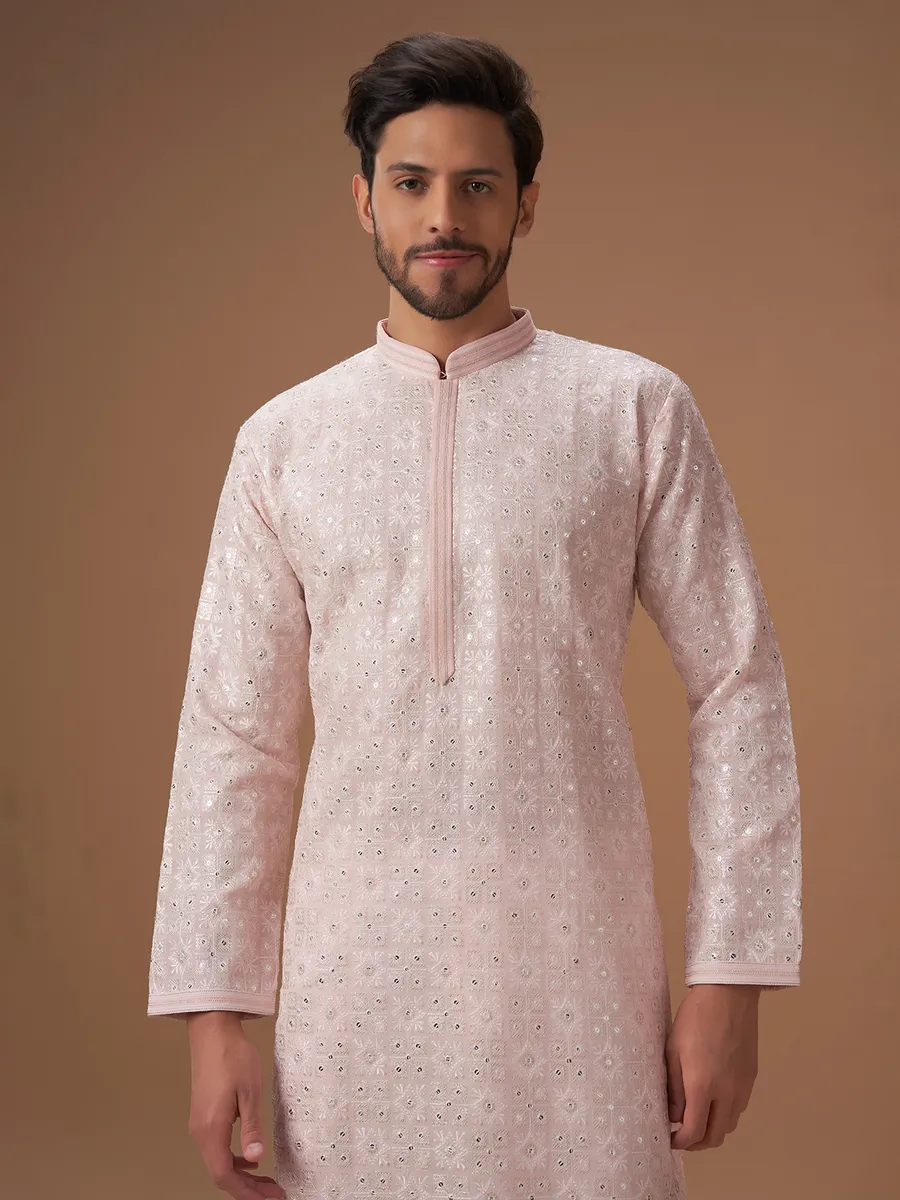 Trendy light pink embroidery kurta suit