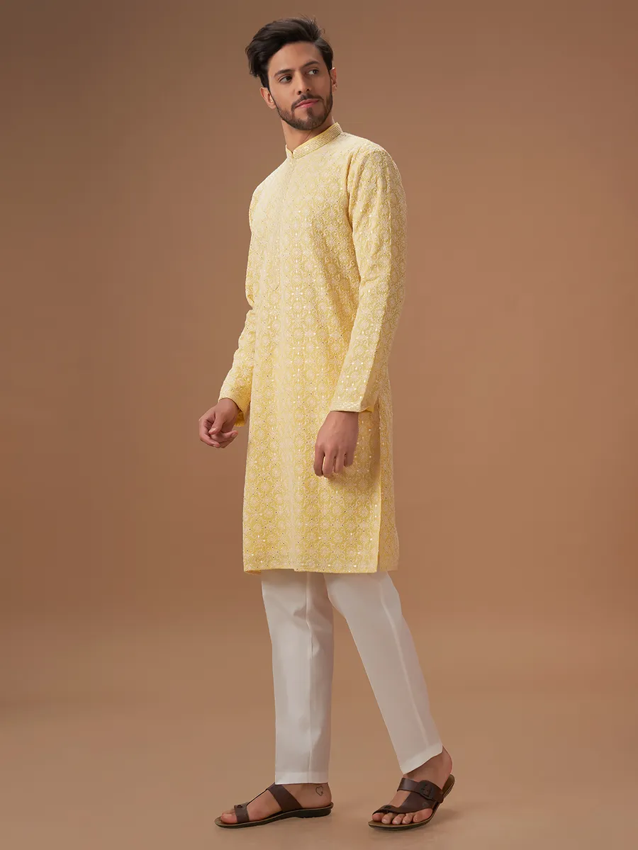 Trendy light yellow georgette  Men Kurta pajma