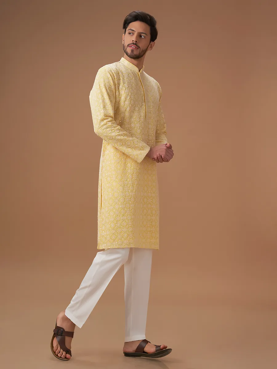 Trendy light yellow georgette  Men Kurta pajma