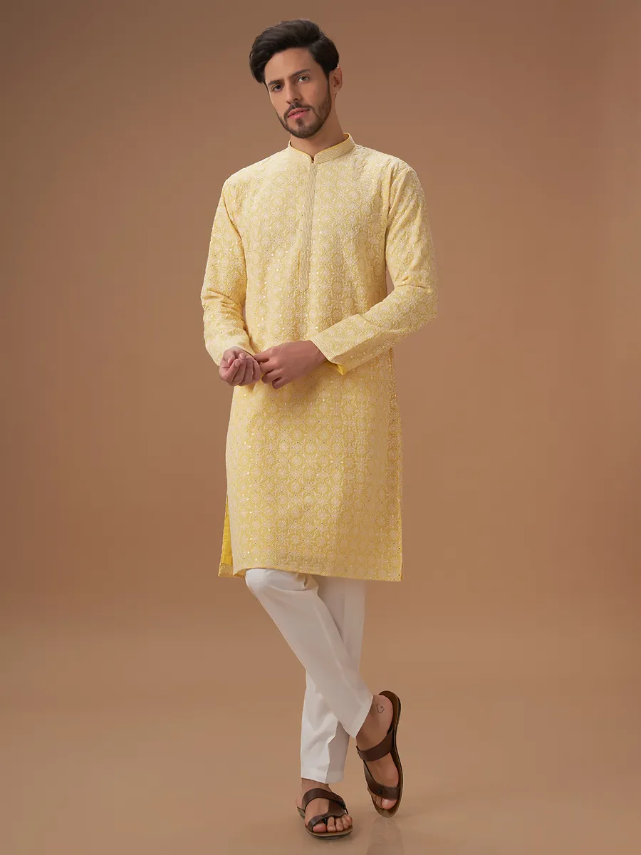 Trendy light yellow georgette  Men Kurta pajma