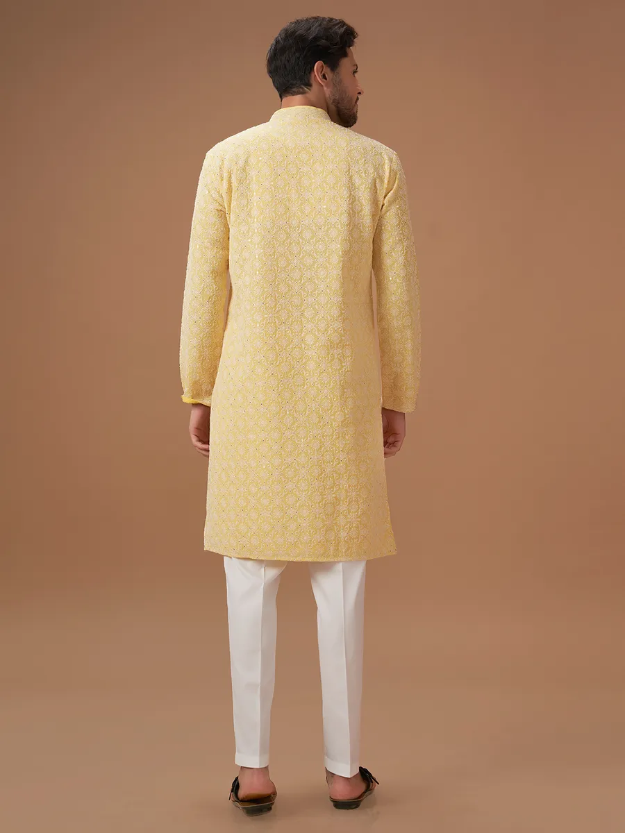 Trendy light yellow georgette  Men Kurta pajma