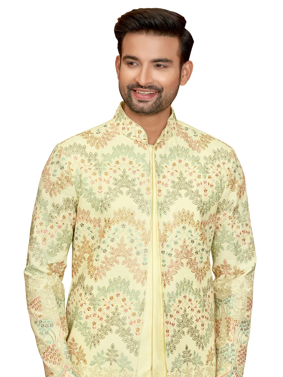 Trendy light yellow indowestern for men