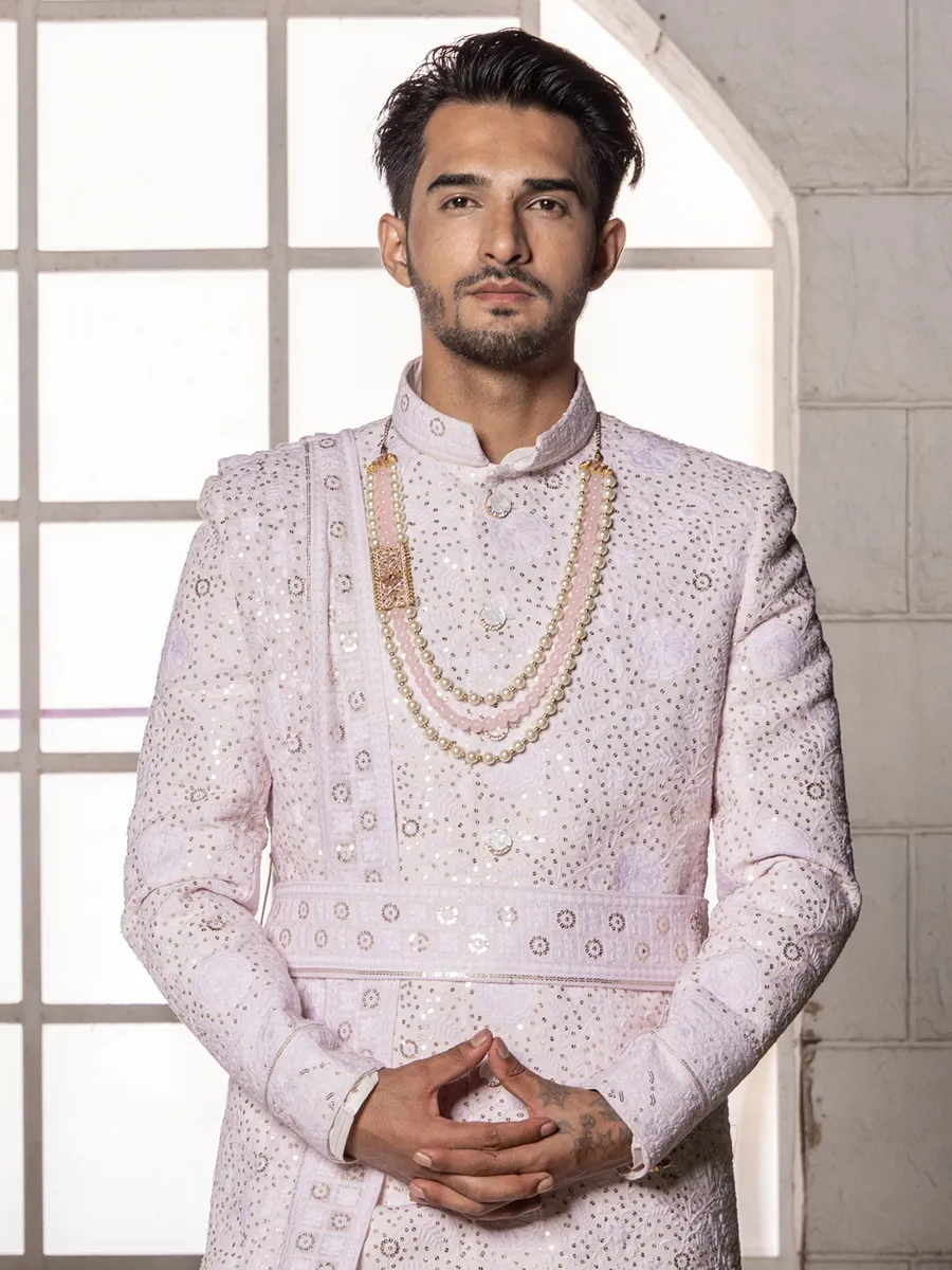 Trendy lilac purple silk sherwani for groom