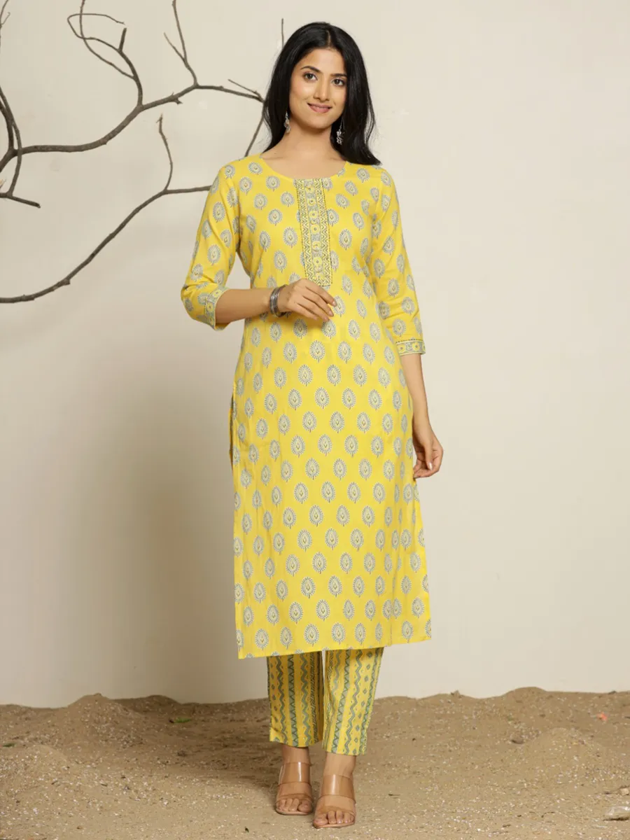 Trendy lime yellow cotton kurti set