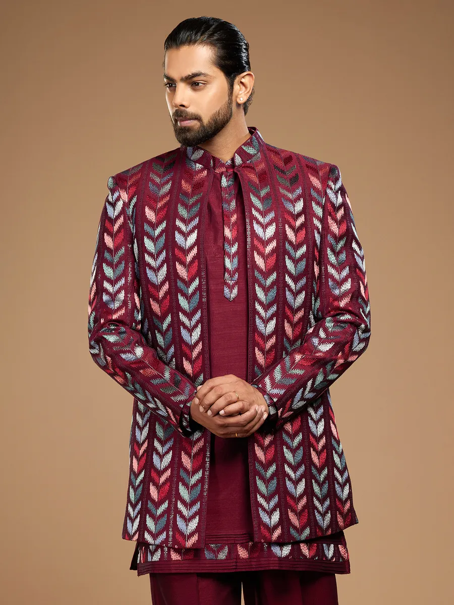Trendy maroon embroidery indowestern