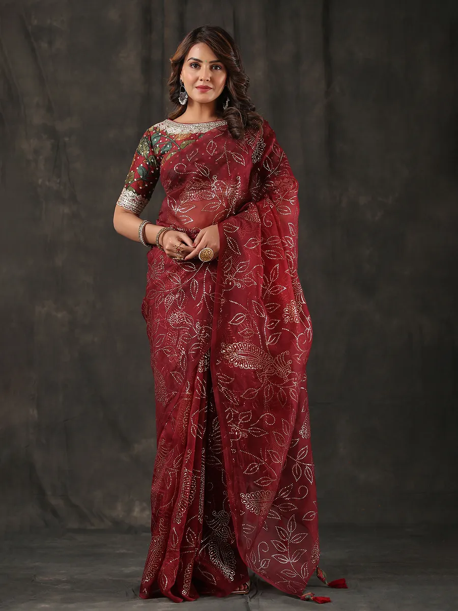 Trendy maroon organza saree