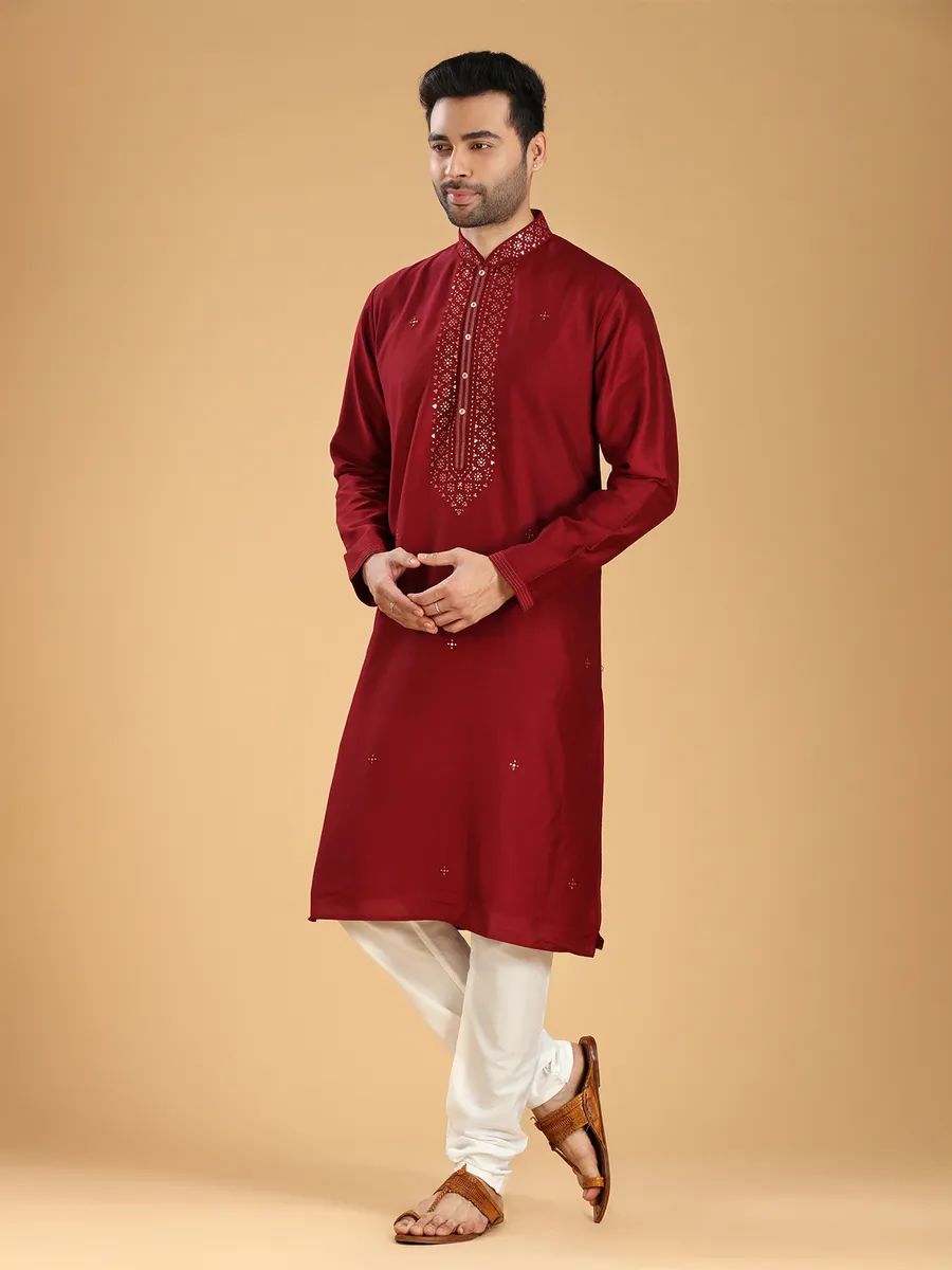 Trendy maroon silk festive  Men Kurta pajama