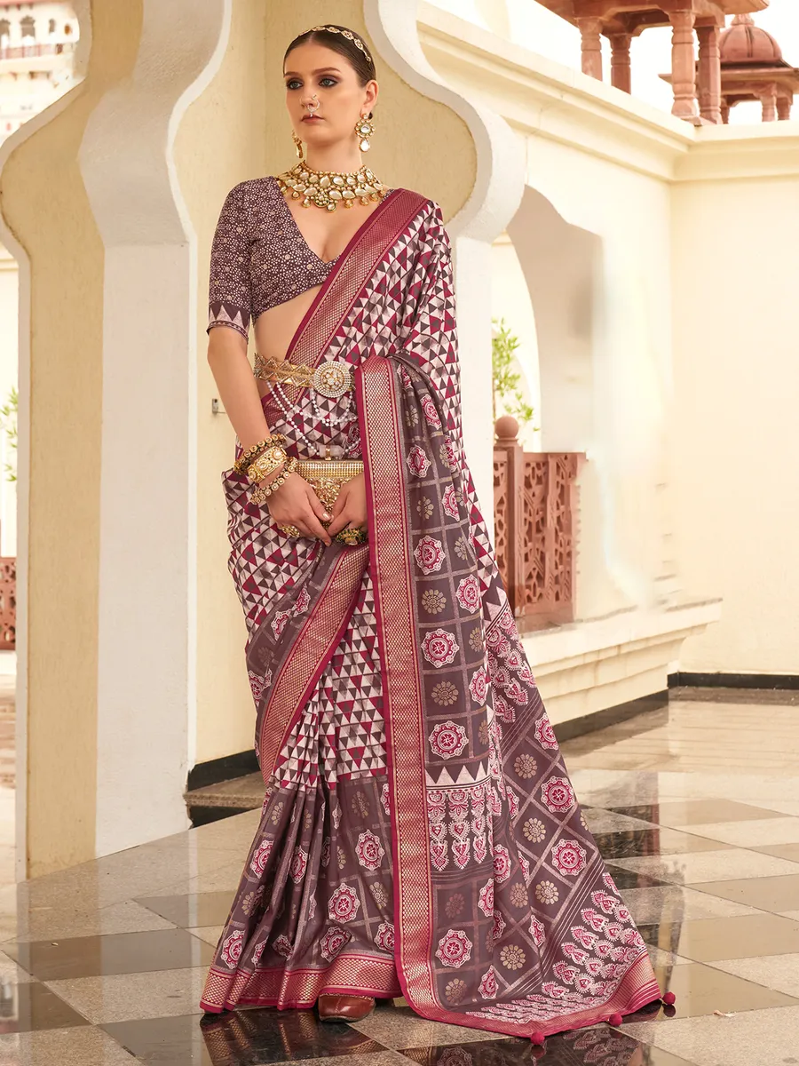 Trendy maroon silk printed saree