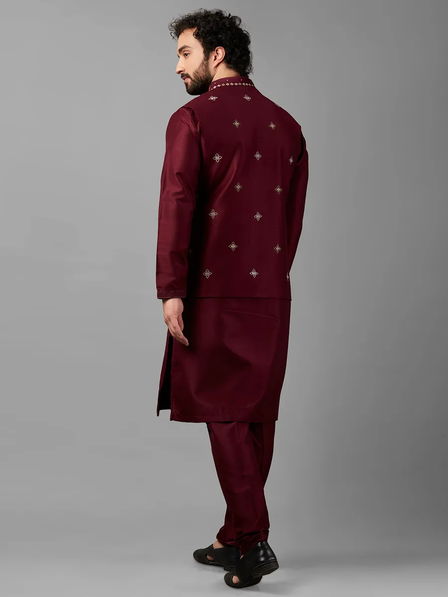 Trendy maroon silk waistcoat set