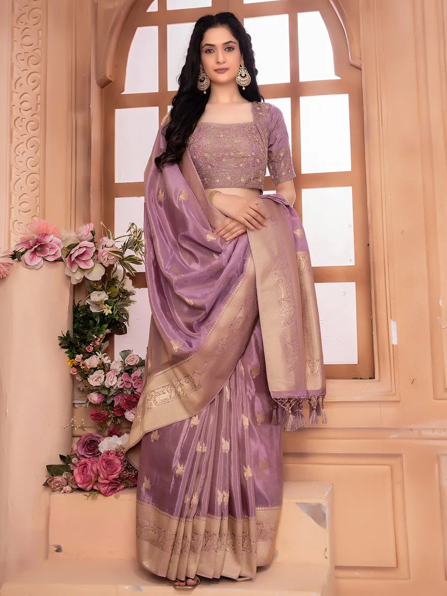 Trendy mauve purple tissue silk saree