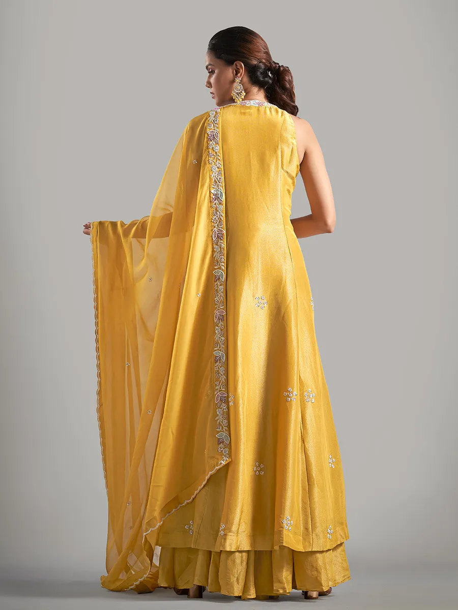 Trendy mustard yellow silk sharara salwar suit