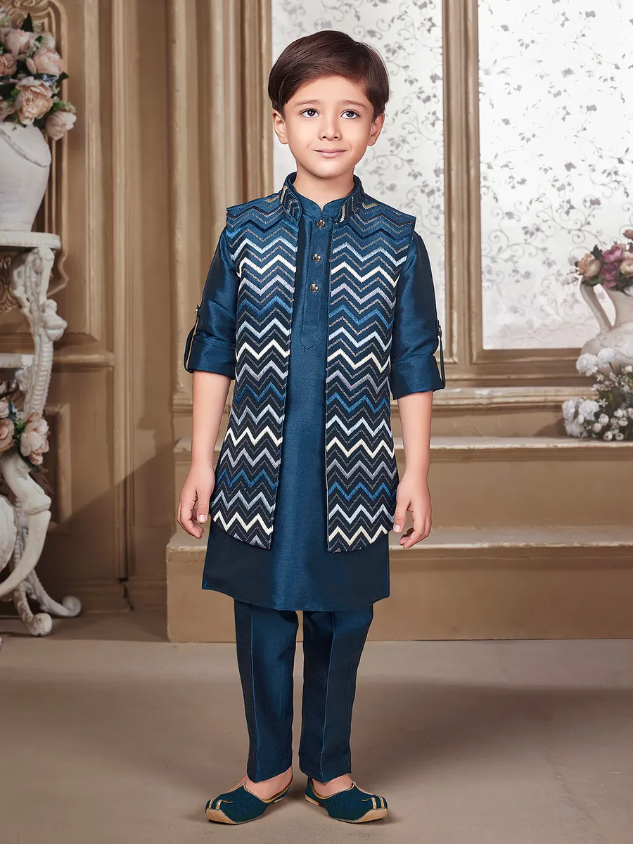 Trendy navy raw silk waistcoat set