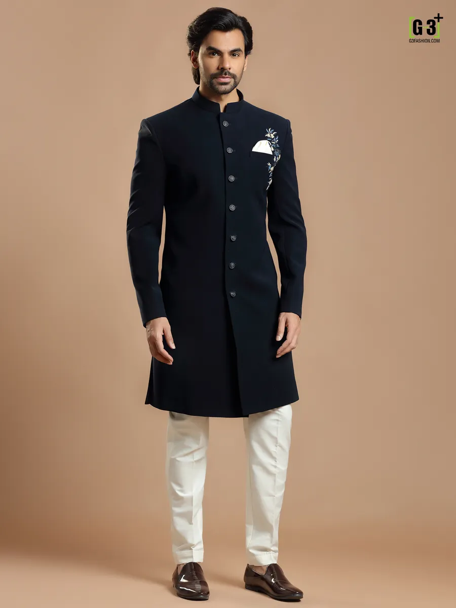 Trendy navy terry rayon wedding indowestern