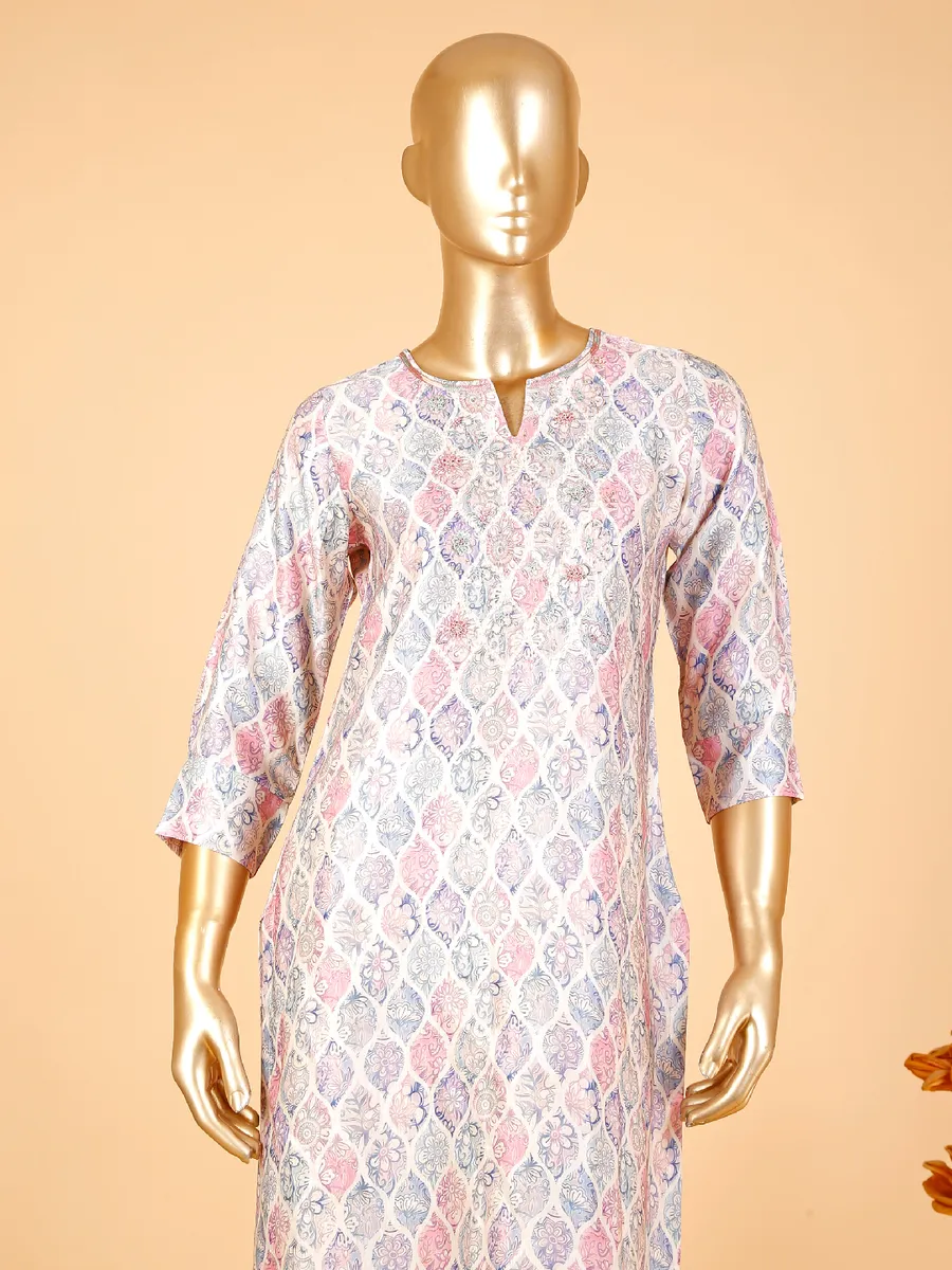 Trendy off white printed cotton kurti set
