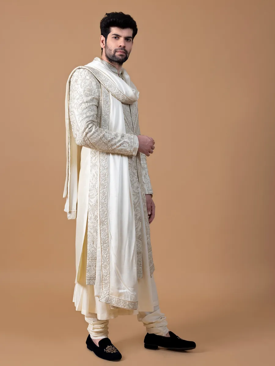 Trendy off white raw silk sherwani for groom