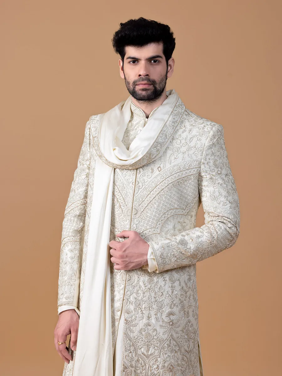 Trendy off white raw silk sherwani for groom