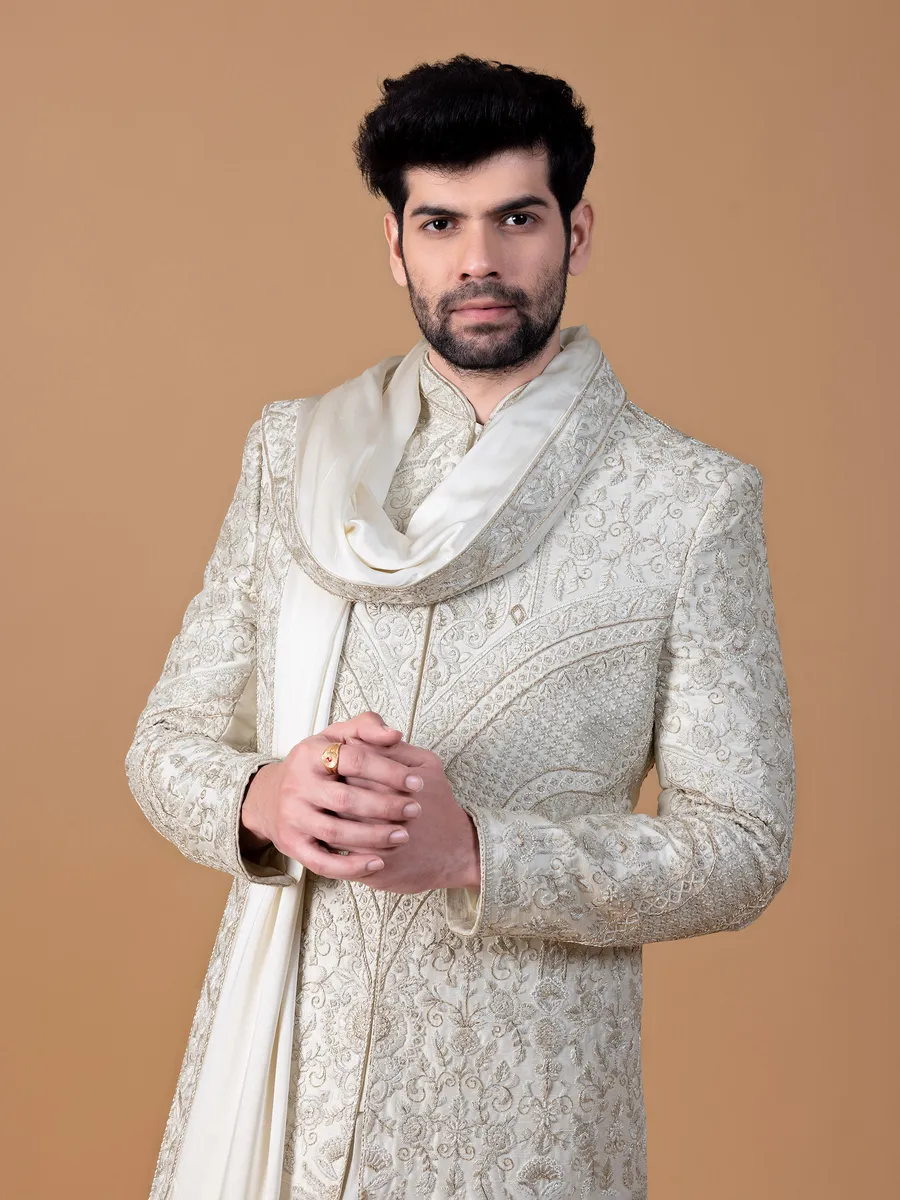 Trendy off white raw silk sherwani for groom