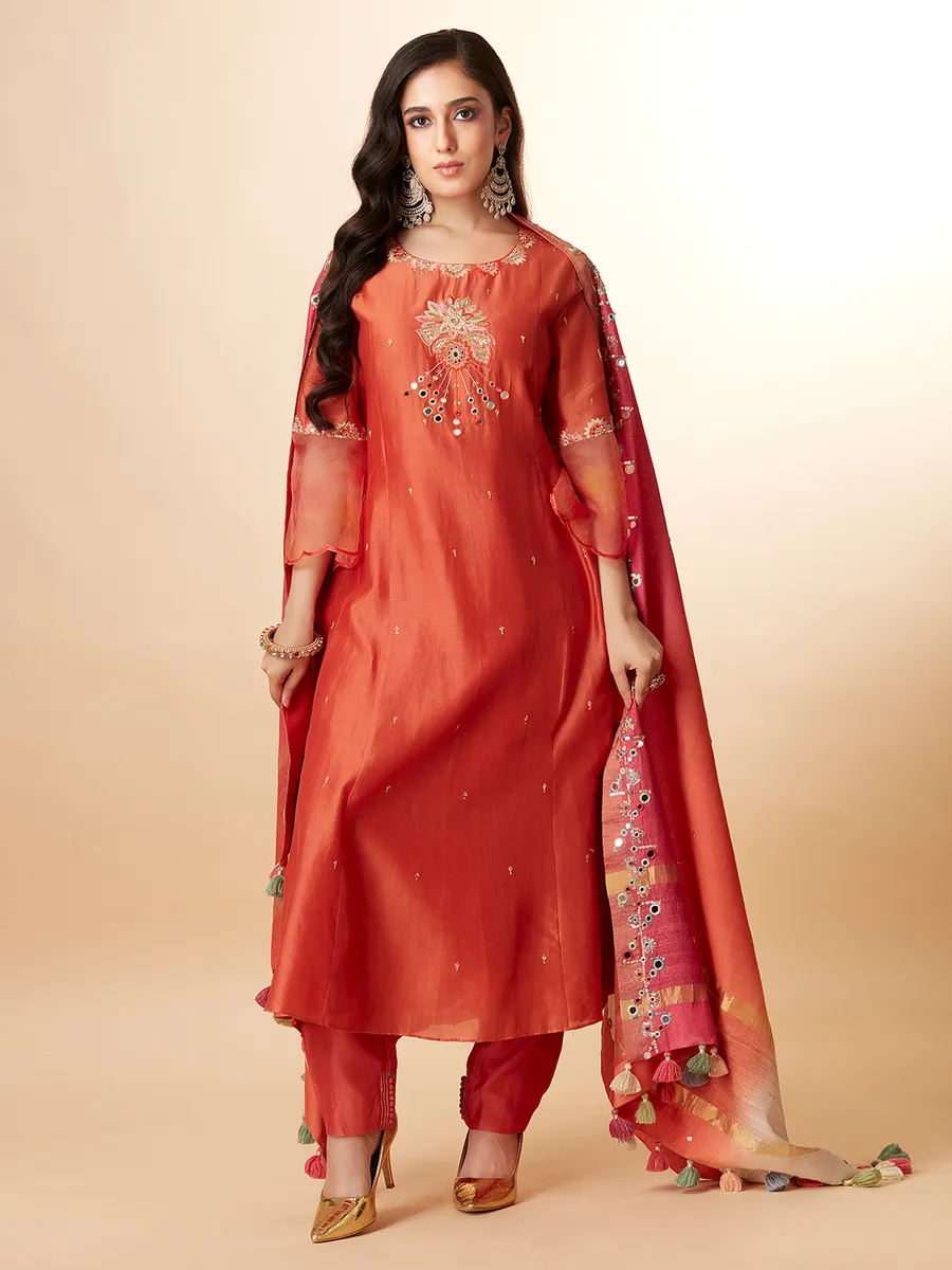 Trendy orange raw silk salwar suit